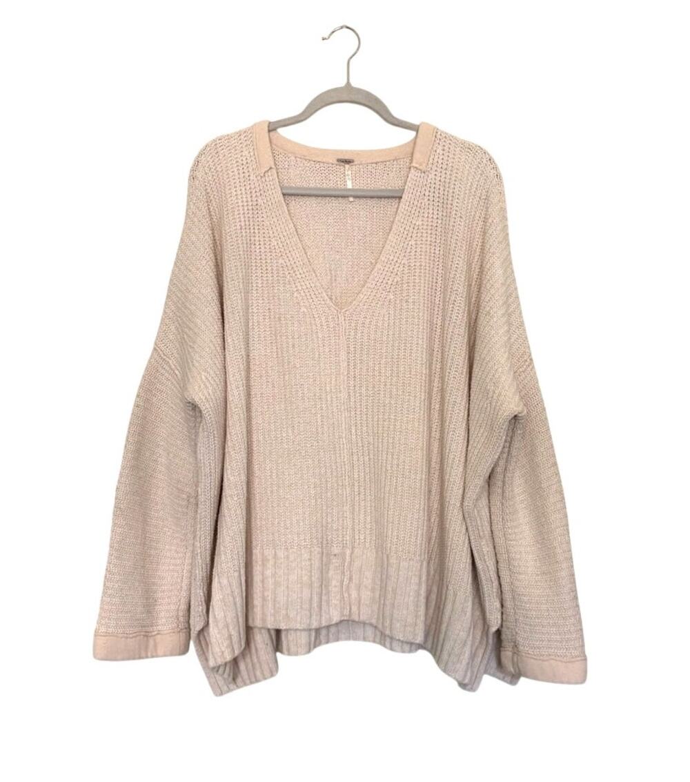 Free People Take Me Over V-Neck Sweater Oversized Chunky Ribbed Knit M/L Cream